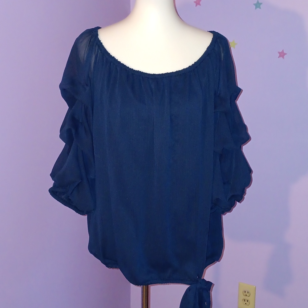 Cece Blue Blouse. See through rippled sleeves.